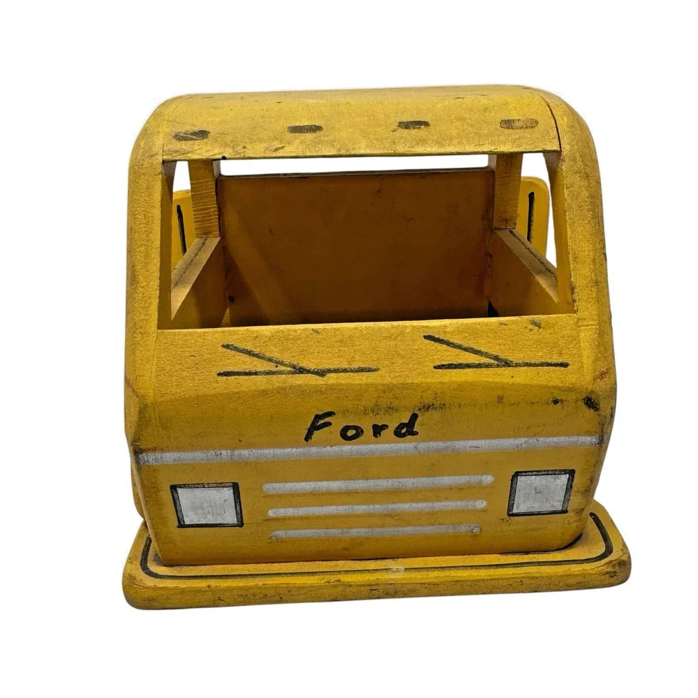Vintage 1950s Handmade Wooden Ford No.9 Flatbed Toy Truck Yellow Missing Wheel